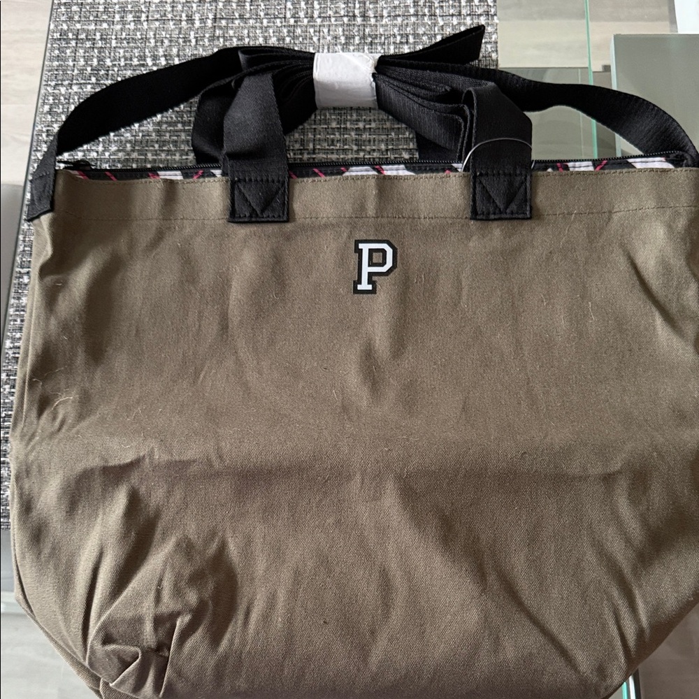 PINK Victoria's Secret Olive Canvas Tote with Black Handles